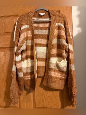 Love Riche Striped Open Cardigan - Camel, Cream & Blush